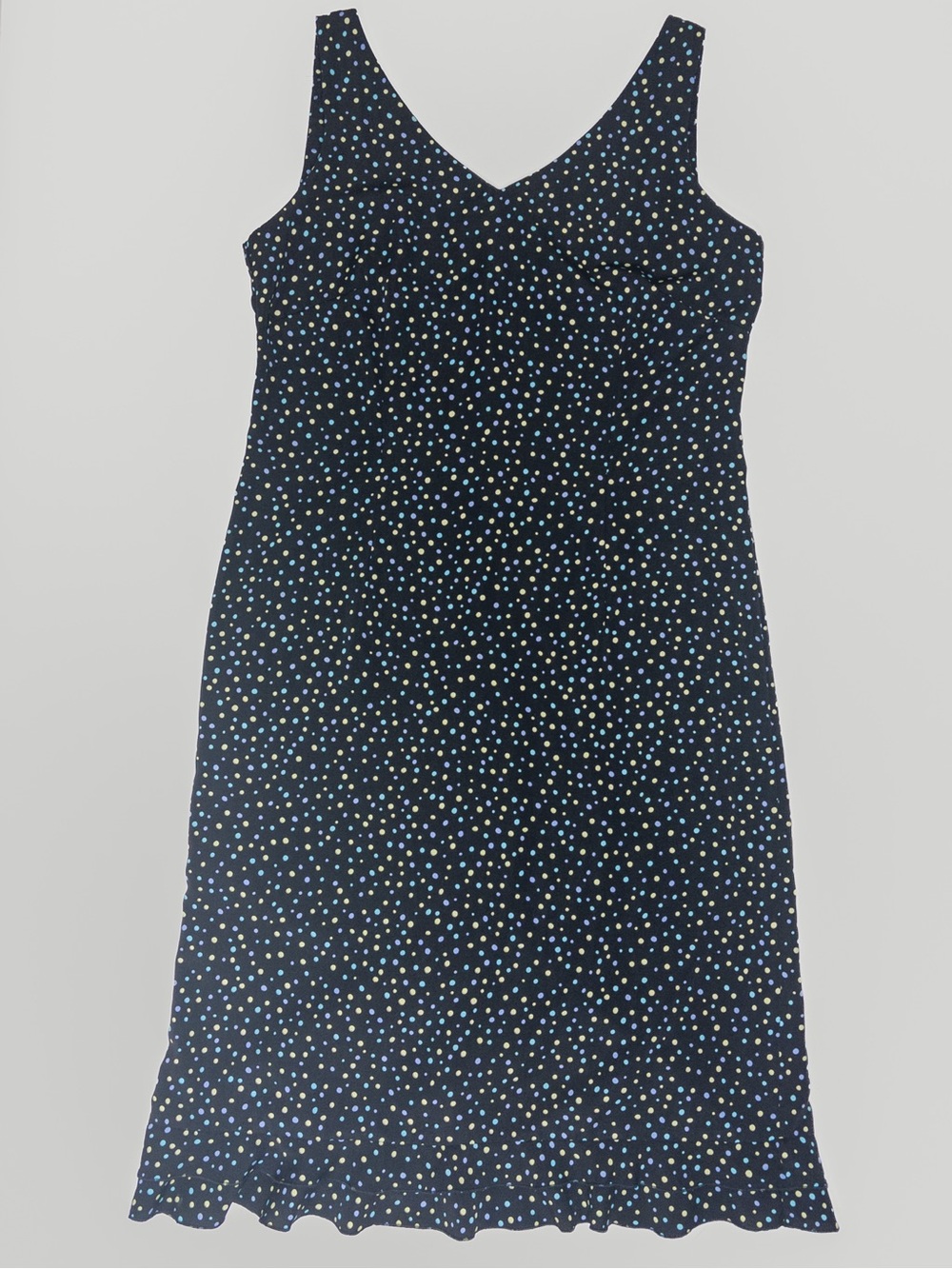 1990's Vintage Black Polka Dotted Midi Dress With Ruffled Hem